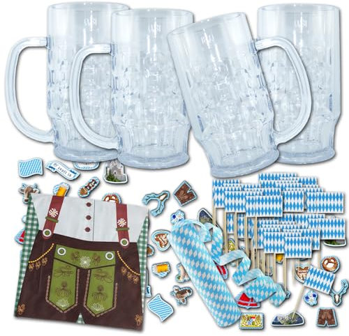 ORDENO Oktoberfest Tischdeko & Bierkrug Set - inkl. 4 hochwertiger Bierkrüge 0,3 l aus SAN Kunststoff und Oktoberfest Dekoration