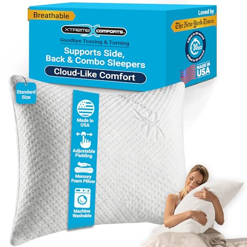 Xtreme Comforts Standard Bed Pillow for Sleeping | Adjustable Shredded Memory Foam Pillows with Removable Cooling Cover | Fluffy Pillows Support for Side, Back & Stomach Sleepers