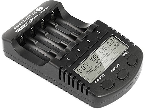everActive Ladegerät für 4 Akkus AAA AA, professionell und schnell, LCD Anzeige, Kapazitätstest, KFZ Adapter, Modell: NC-1000 Plus, schwarz, NC1000Plus