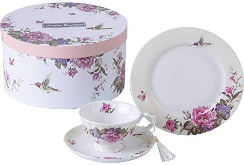 servizio da tè pomeridiano tazza da tè con piattino, e piatto da dessert, stile shabby chic, vintage, in porcellana, confezione regalo, Cream/Beige