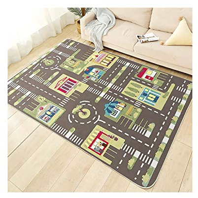TYKTZXY Kinderteppich Spielen Teppich Straße Auto Tier Universum Blau Grün Grau(80×120cm,31×47inch)