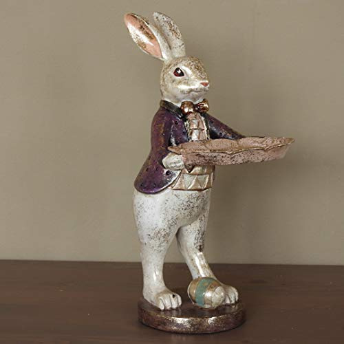 Hase Dekofigur Skulptur Schlüsselablage Pralinenhalter Kaninchen auf Standfuß mit Dekoschale Polyresin Shabby 30cm