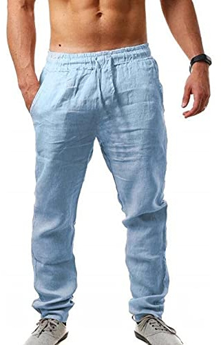 Sprifloral Men's Linen Casual Pants Drawstring Lightweight Summer Beach Trouser Blue M