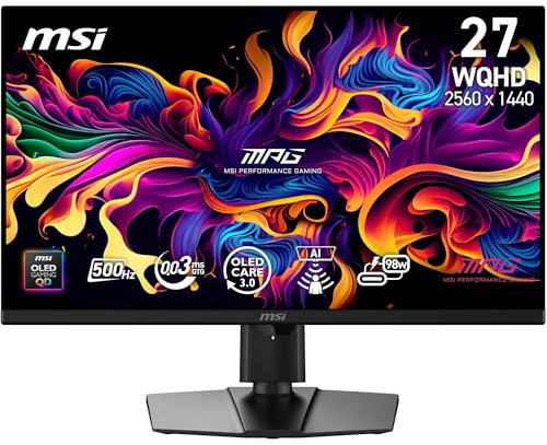 MSI MPG 271QR QD-OLED X50 - Pantalla para Juegos de 27 Pulgadas WQHD - Panel Quantum Dot OLED 2560 x 1440, 500Hz / 0,03ms, DisplayHDR True Black 500, Sensor AI Care, HDMI 2.1, DP 2.1a, USB C (98 W PD