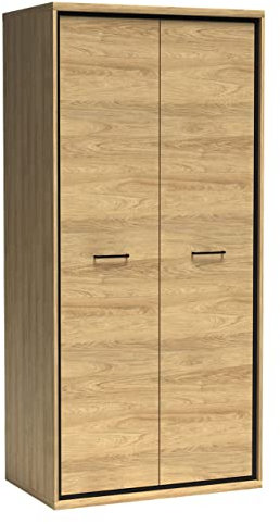 Kleiderschrank Berspe BP01, Drehtürenschrank mit Kleiderstange, Gedämpfte Gleitschienen, Garderobenschrank, Schrank für Diele & Flur, Schlafzimmer (Hikora Natur, ohne Fächer)