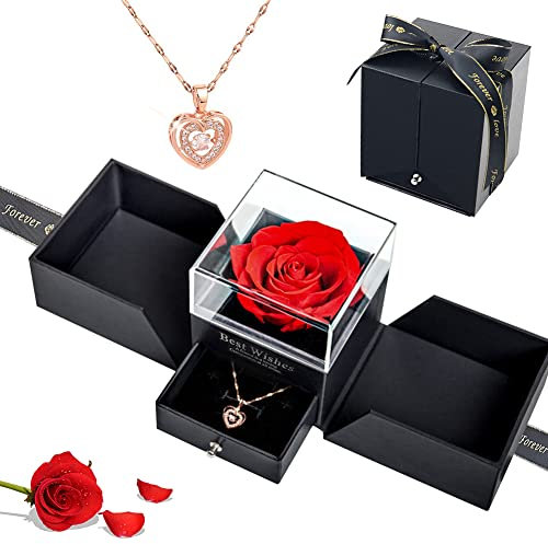 WingFly Ewige Echte Rose mit Halskette Geschenkbox, Handgemachte Ewige Rose Konservierte Rose Blumen Erhaltene echte Rose Geschenk für Sie Frau Mama zum Muttertag Geburtstag Valentinstag
