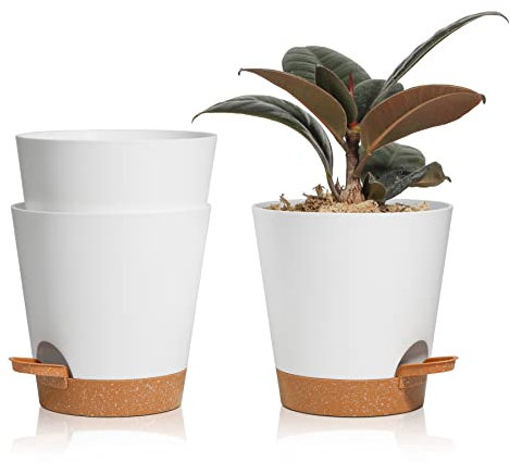 T4U 14cm Blumentopf mit Selbstbewässerung, 3er-Set Blumentopf mit Untersetzer, ideal für Innen- und Balkongärten, Sukkulenten, Kakteen und Pflanzen, Weiß