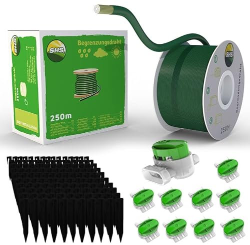 250m Begrenzungskabel + 750 Erdspieße + 10 GRÜNE Kabelverbinder für Mähroboter Rasenmäher Rasenroboter SET Begrenzungsdraht - kompatibel mit GARDENA/BOSCH/HUSQVARNA/WORX/HONDA/ROBOMOW