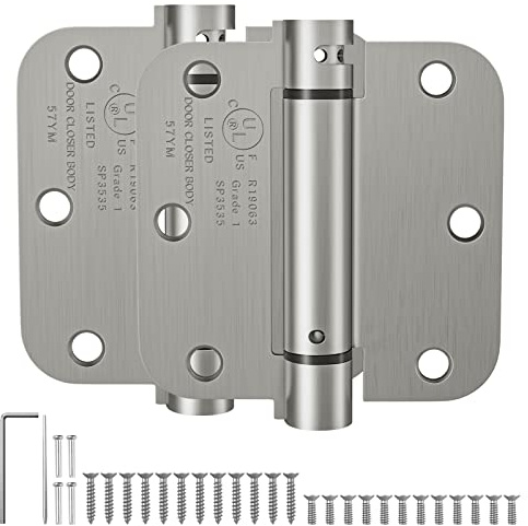 HOSOM Self Closing Door Hinges 3.5 Inch Brushed Nickel Spring Loaded Hinges Heavy Duty Adjustable Tension for Interior Door, UL Listed, 5/8'' Radius Corners, 2 Pack