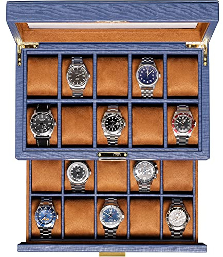 ROTHWELL Boîte à montres en cuir à 20 fentes– Présentoir de luxe pour bijoux, présentoir verrouillable avec grand dessus en verre véritable – Boîte à montres pour homme et femme (bleu/marron
