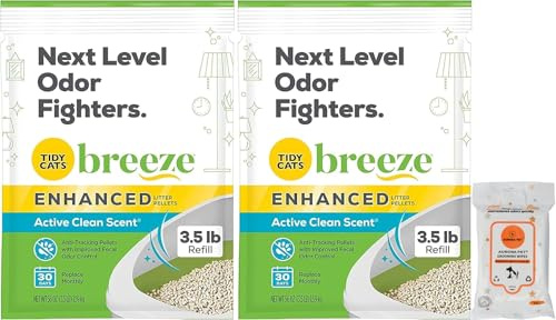Aurora Pet Tidy Cat Breeze Lot de 2 granulés de litière pour chat Senteur Active Clean Enhanced Active Clean Rechargez 1,6 kg avec lingettes humides Aurora Pet