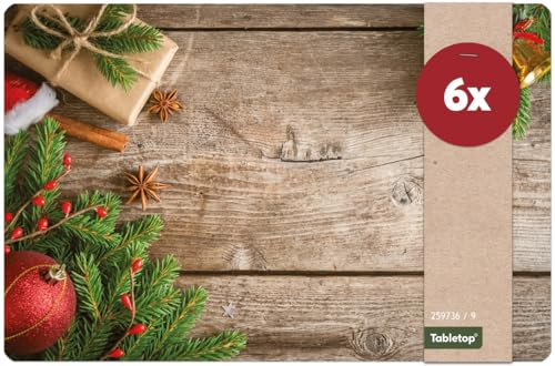 Weihnachts Tischsets 6er als abwaschbare Weihnachten Tischdeko - Platzsets Holzoptik Weihnachtsdeko als Winter Tischuntersetzer - Platzdeckchen als Tischunterlage für Esstisch Wohnzimmer Tisch