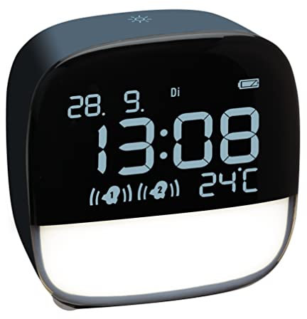 TFA Dostmann Digitaler Wecker mit LED Nachtlicht, 60.2034.06, inklusive Innentemperatur Wochentag und Datum, mit Akku, 2 Weckzeiten, Nachtblau, (L) 81 x (B) 67 x (H) 82 mm