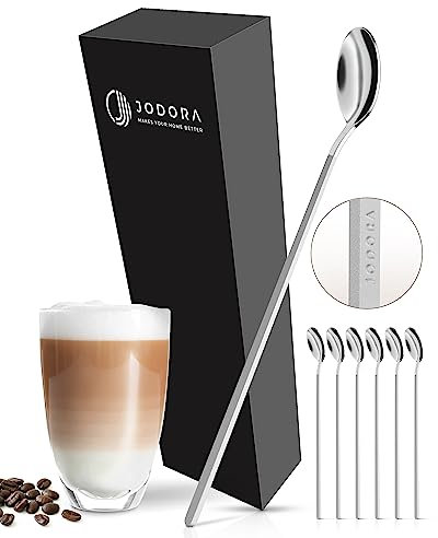 JODORA Design Latte Macchiato Löffel 19cm - 6 lange Löffel silber matt - Hochwertige Kaffeelöffel lang aus rostfreien Edelstahl - stabile Eislöffel spülmaschinenfest