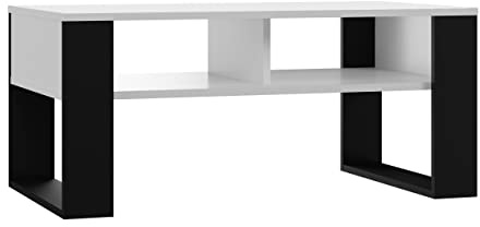 CDF Moderner Couchtisch Loft Wohnzimmertisch mit 2 Ablagen, Robuster Beistelltisch Kaffeetisch Kratzfest, 90 x 58 x 50 cm - Schwarz/Weiß