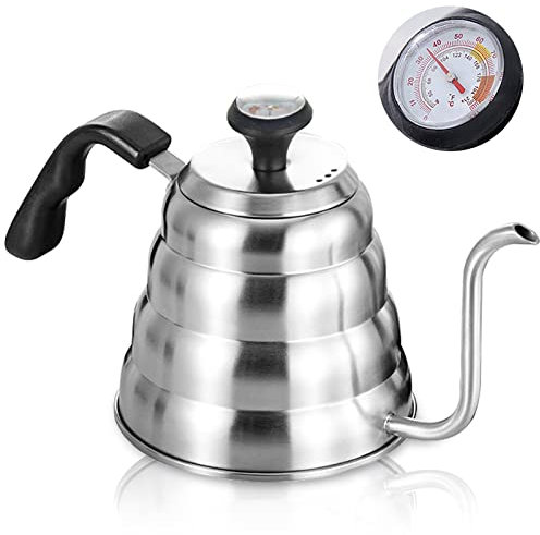 Aicharynic Hervidor de agua de cuello de cisne, 1200 ml/40 oz, de acero inoxidable, hervidor de agua con cuello de cisne con termómetro para todo tipo de cocinas, duradero y fácil de limpiar