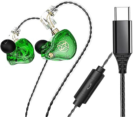 FEDAI DX2 i öronhörlurar, USB C-hörlurar, typ C-hörlurar, brusreducerande öronhörlurar för löpning/gym/träning, USB typ C-headset med mikrofon och 3-knapps fjärrkontroll (typ C, grön med mic)