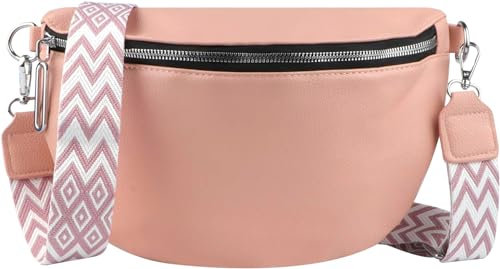 Larber Umhängetasche Damen Leder Bauchtasche Crossbag Damen Halbmond Tasche Breiter Gurt Handtasche Brusttasche Moon Bag Reißverschluss Abnehmbar Schultergurt Zum Umhängen Taschen Rosa Bags for Women