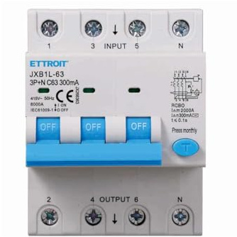 Interrupteur magnétothermique différentiel triphasé 300mA, 3P+N 6KA 380V, occupe 4 modules DIN, RCBO 3P+N 300mA C63 63A