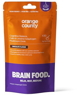 Orange County Mushroom Drink with Ashwagandha, Maitake, Shiitake, Reishi, Chamomile, Passionflower | Calm, Unwind, Sleep Adaptogen | Brain Food. | Chocolate Flavoured Powder