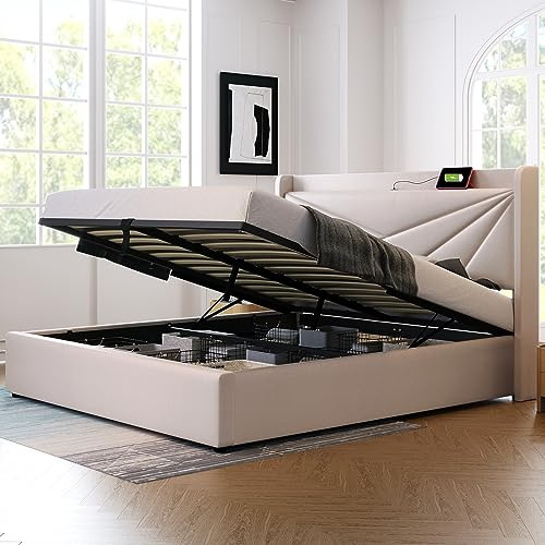 Ctastay Letto Matrimoniale Imbottito 160x200 con USB e Ricarica di Tipo C, Letto Contenitore Letto per Adulti con Rete a Doghe In Legno, Lino, Beige, senza Materasso