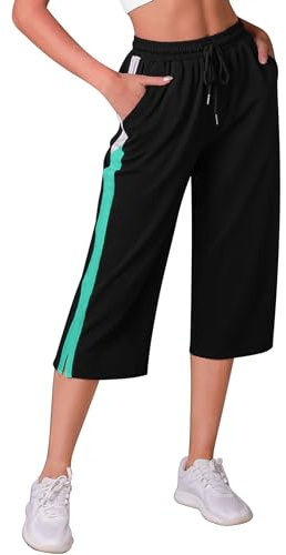 iClosam Pantalón Chándal Mujer 3/4 Pantalon Capri Pantalones Deportivos | Cintura Elástica, Rayas de Contraste, Pernera Amplia, Tacto Suave, Tejido Flexible, Fitness, Yoga, Jogging, Verano, Ocio
