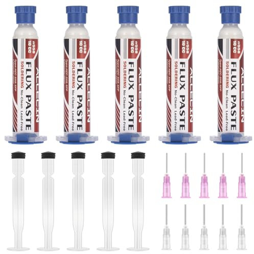 ALLECIN 5 Pezzi 10mL Flussanti per Saldatura Senza Piombo 10CC Solder Flux Paste No Clean Flussante Flusso per Pasta Saldante alla Colofonia AEC-558 con Asta di Spinta e Ago per PCB SMD BGA