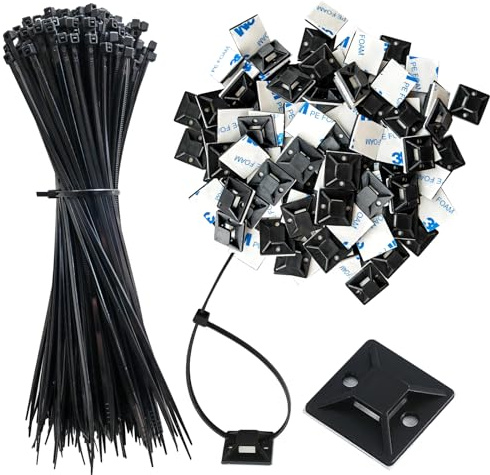340 Stück Set von Kabelbindern und Basishaltern | 170 Stück Kabelbinder,200 mm | 170 Stück Basishalter,19 mm * 19 mm | Schwarz,Nylon Kunststoff Kabel Binder,UV-beständiges,für Heim Büro Industriell