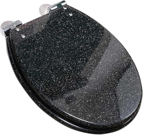 Toilettendeckel,Glitzer-WC Sitz Mit Absenkautomatik, Ovaler Toilettensitz Mit 360-Grad-verstellbarem Edelstahlscharnier, Quick Release Einfache Reinigung, Toilettenbrille Motiv Klodeckel Black
