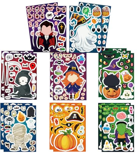 Halloween Stickers for Kids,16pcs Vinyl Waterproof Cute Sticker,Witch/Ghost/Pumpkin/Bat/Spider Stickers for Children,Crafts Scrapbooks for Trick or Treat/Laptop,Calendars,Scrapbook,Suitcase Decoration