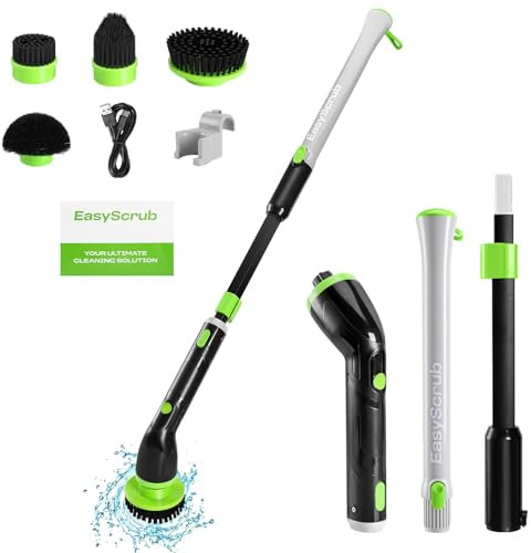 EasyScrub Cordless Electric Spin Scrubber - Powerful 350 RPM Cleaning with 4 Replaceable Heads, Adjustable Extension Handle, IPX7 Waterproof, Ideal for Shower, Tiles, Tubs, and Grout
