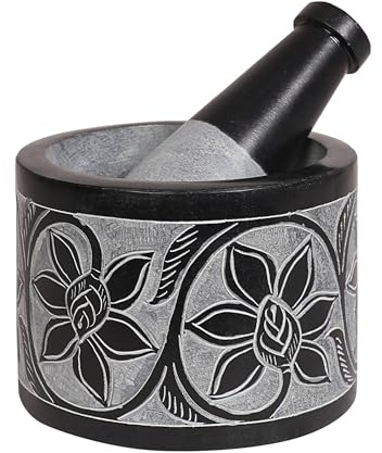 Mortier et pilon Divit Shilp, fabriqués en pierre dure robuste et polie, mécanisme de broyage en pierre naturelle pour épices, pâtes, herbes, assaisonnements, etc. (Ember)