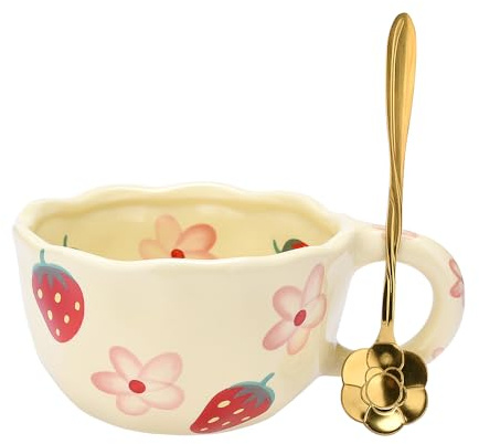 XinHuiGY Bonita taza de café, taza de té de cerámica, taza de café kawaii, taza hecha a mano, taza creativa de flores con cuchara, tazas estéticas para leche capuchino cacao, tazas alegres de 250 ml