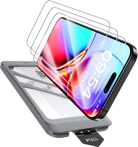 TAURI 3-pack för iPhone 16 skärmskydd, 3-pack härdat glasfilm + 1 dammfri enkel installationsverktyg, [9H+ hårdhet] reptålig, inga damm inga bubblor