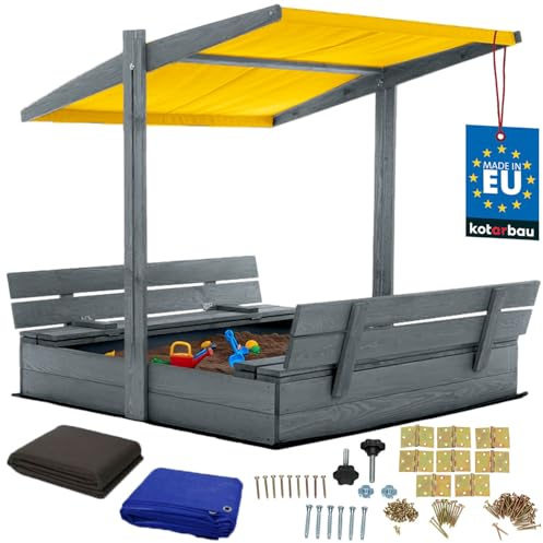 KOTARBAU® Sandlåda i Trä - 120 x 120 cm - Brun - Sandlåda med Lock - Bänkar - för Barn Utomhus - med Gult Tak - med Solskydd och Markduk