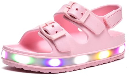 GULAKY Sandales pour enfant fille - Sandales de bain - Chaussures aquatiques - Pantoufles pour garçon - Bandes LED - Boucle réglable - Antidérapantes - Fermeture Velcro - Sandales d'été, Rose, 24 EU