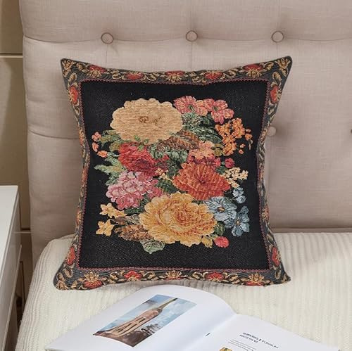 Jacquard Woven Floral Throw Pillow Cover | Vintage Tapestry Decorative Cushion for Sofa Couch Bed Decor | European Classic Home Accent Pillow Sham 16x16 Inch (Multicolored Flowers on Black)