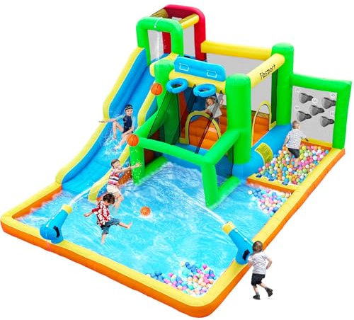 Hüpfburg mit Gebläse Trocken-/Wasserrutsch Wasserpark für Kinder Outdoor Indoor, Wasserhüpfburg Garten XXL mit Kletterwand Trampolin Basketballkorb, Hält bis zu 4 Kinder/140KG, 425 x 355 x 215 cm