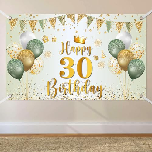 30. Geburtstag Banner, Banner 30 Geburtstag Frau Grün Gold, 180x110cm | Extra Große 30 Hintergrund Banners, Geburtstagsbanner 30. für Frauen Männer Party Geburtstagsdeko
