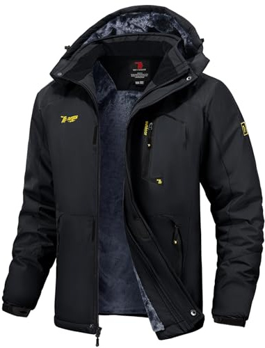 TBMPOY Men's Winter Jackets Skiing Waterproof Snow Thick Fleece Lined Hooded Utility Cold Weather Warm Outdoor Ice Work Black M