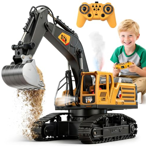 Escavatore Telecomandato Bambini 2,4 GHz RC Escavatore Radiocomandato Ruspa Telecomandata con Pala Metallica Spray Luci e Suoni Escavatores Giocattolo Per Bambino Ragazzi e Ragazze 3-8 Anni