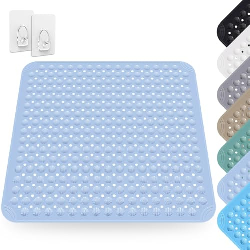ARCPNRT Duschmatte rutschfest 80 x 80 cm, Antirutschmatte Dusche, Rutschmatte aus PVC, Badewannenmatte rutschfest, Waschmaschinenfest, für Dusche und Sauna, inkl. 2 Haken, Hellblau