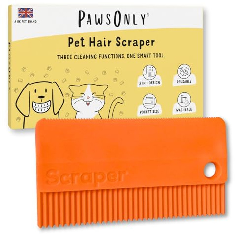 PawsOnly | Pet Hair Remover Scraper for Sofa, Car, Furniture, Clothes, Bedding & Rugs | Reusable & Portable | Dog & Cat Fur Lint Removal Rubber Tool | Double Sided Handheld Fluff Cleaning Rake