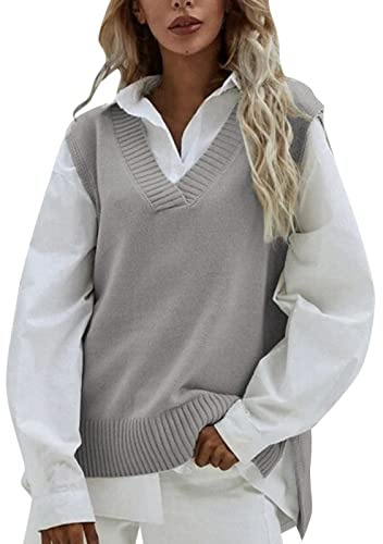 Gilet Donna Maglia, Maglione Senza Classico con Scollo a V Uniforme Tinta Unita Maglioni Senza Maniche Canotta Gilet Casual in Maglia di Cotone Maglieria Donna Autunno Inverno