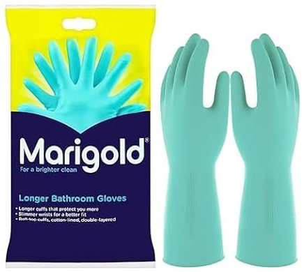 Marigold Bathroom Gloves Medium - Double Layered Longer Waterproof Cuffs With Comfortable Cotton Lining Cleaning Gloves Pair for Toilet, Bathroom, Bathtub Sink, Shower, Washing Windows