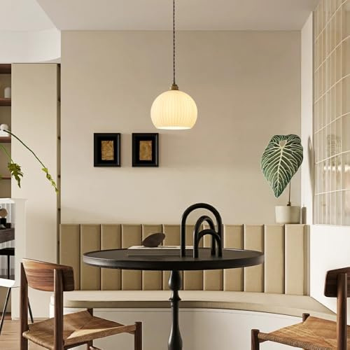Modern Ribbed Glass Pendant Light for Kitchen Island & Dining Table Stylish Dome Hanging Lamp Ceiling Suspension Fixture for Living Room & Bedroom Decor