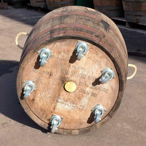 Temesso Extra hohes halbes schottisches Whiskyfass aus Eichenholz - Höhe 50 cm als Pflanzkübel (Natur mit Ablaufbohrungen & Halteschlaufen & Rollen)