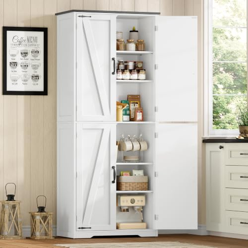 SLINEMO 170 cm Küchenschrank mit 4 Scheunentüren, Mehrzweckschrank Hoch mit 4 Regale, Vorratsschrank für Küche, Esszimmer, Wohnzimmer, Badezimmer - 60 x 30 x 170 cm - Weiß
