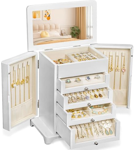 amoard Große Schmuckschatulle und Organizer für Damen,für Halsketten Ohrringe Armbänder Ringe, 4 Ebenen Schmuck Organizer Schmuckbox mit Schubladen und Spiegel (Weiß)