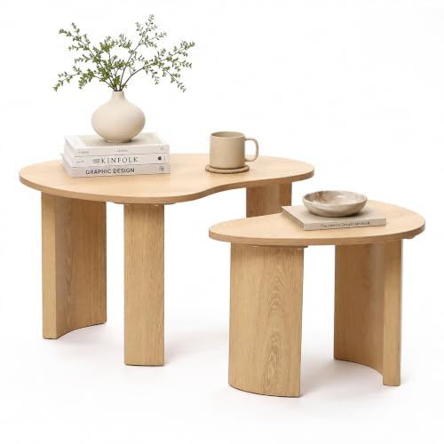 Hometopia Couchtisch 2er Set Holz, Moderner Couchtisch und Beistelltisch aus MDF in Holzoptik, Kompakter Wohnzimmertisch Sofatisch mit unregelmäßiger Form für Wohnzimmer